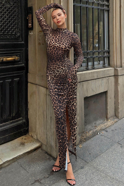 Kahverengi Nig Leopar Yarım Balıkçı Etek Drapeli Ön Yırtmaçlı Kadın Midi Elbise Kahverengi Nig Leopar Yarım Balıkçı Etek Drapeli Ön Yırtmaçlı Kadın Midi Elbise