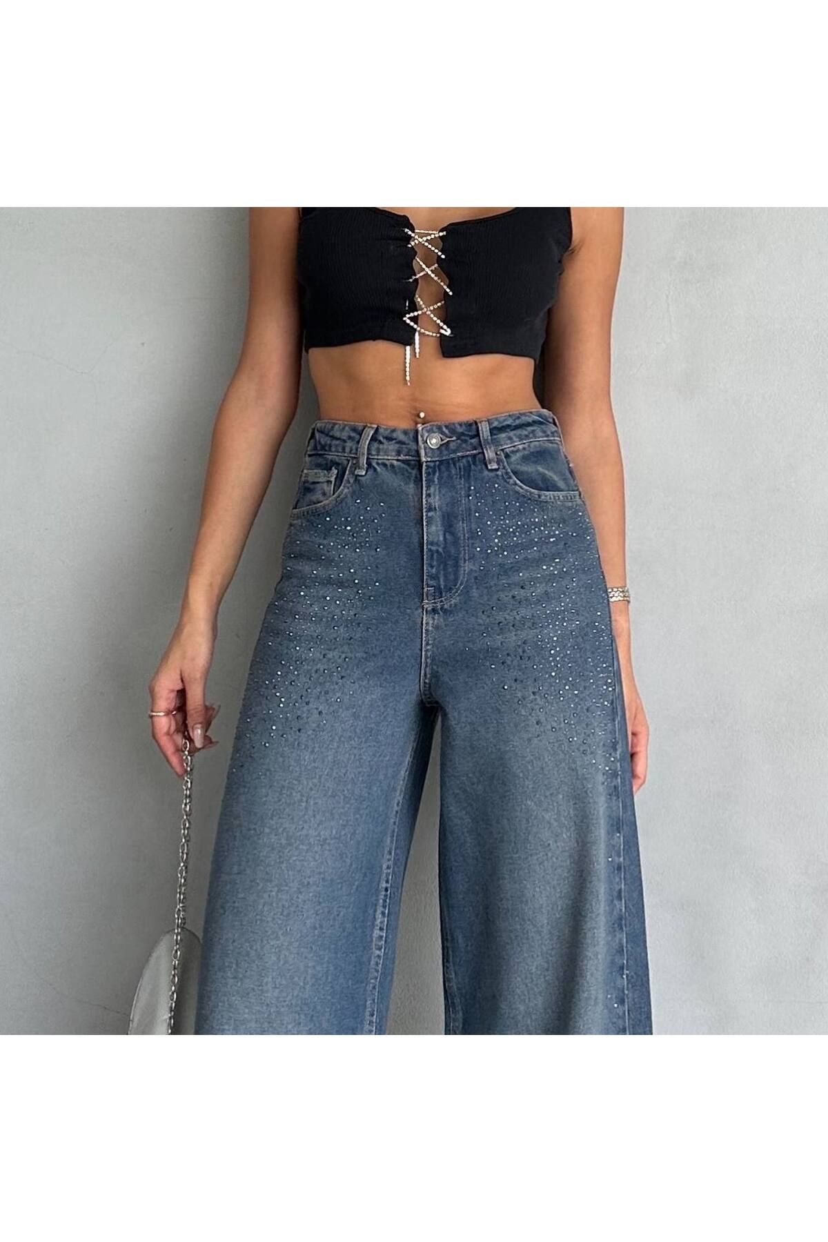 KADIN TAŞLI WİDE LEG JEAN KADIN TAŞLI WİDE LEG JEAN