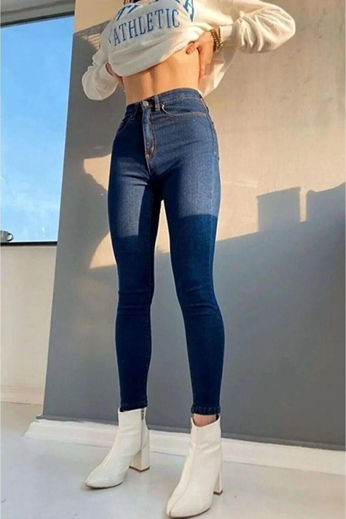 Koyu Mavi Yüksek Ve Esnek Bel Dar Paça Kot Pantolon Kadın Koyu Mavi Yüksek Ve Esnek Bel Dar Paça Kot Pantolon Kadın