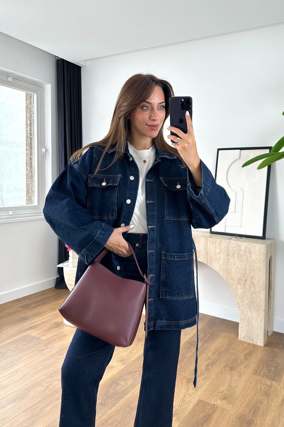 Posela Dark Blue Kuşak Detaylı Uzun Kot Ceket Posela Dark Blue Kuşak Detaylı Uzun Kot Ceket