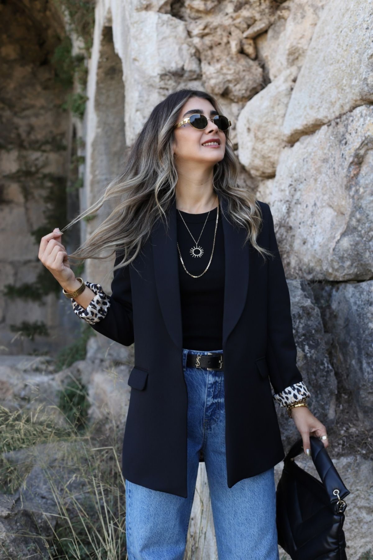 Siyah Leopar Astarlı Şal Yaka Blazer Siyah Leopar Astarlı Şal Yaka Blazer