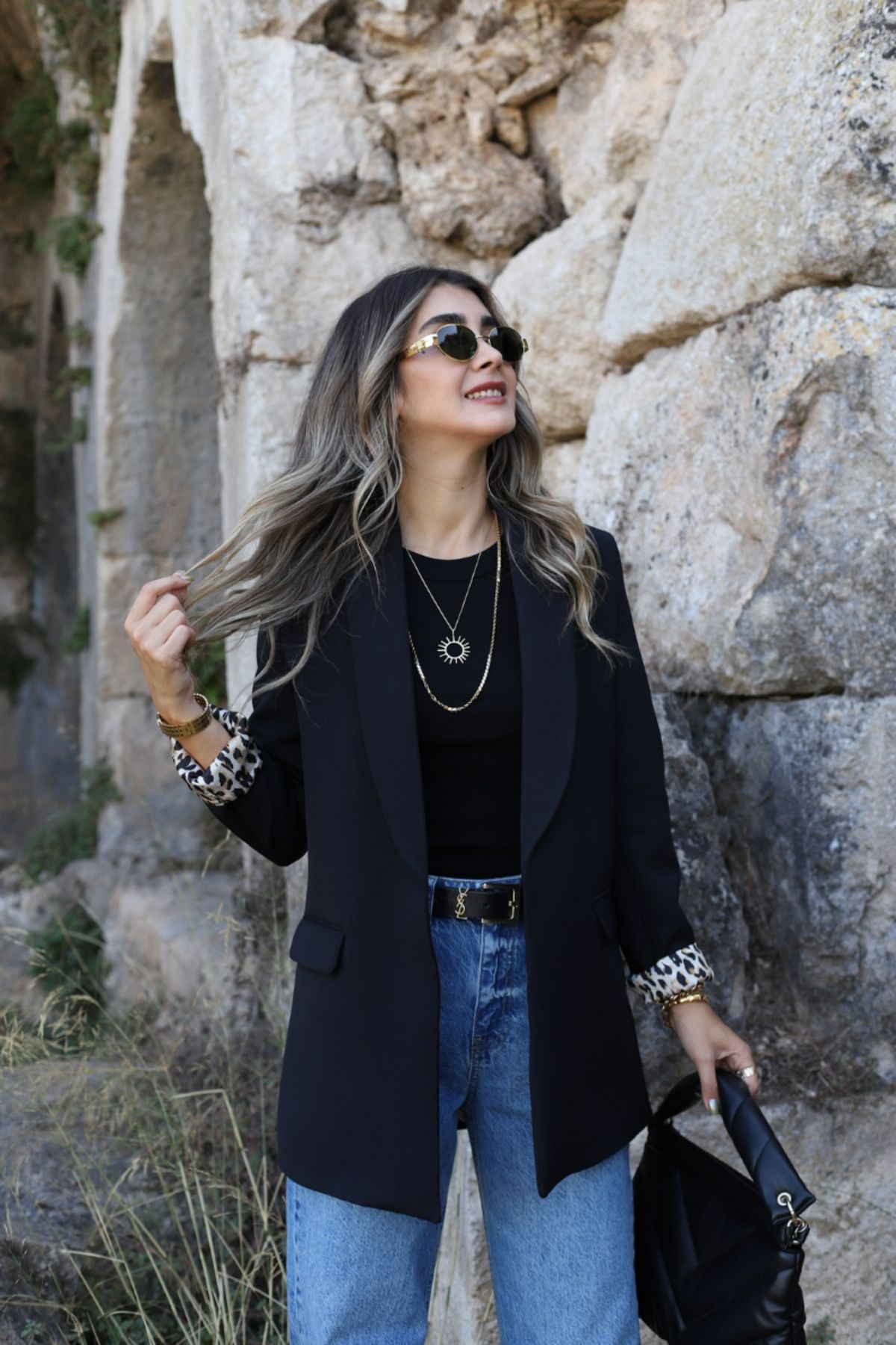 Siyah Leopar Astarlı Şal Yaka Blazer Siyah Leopar Astarlı Şal Yaka Blazer