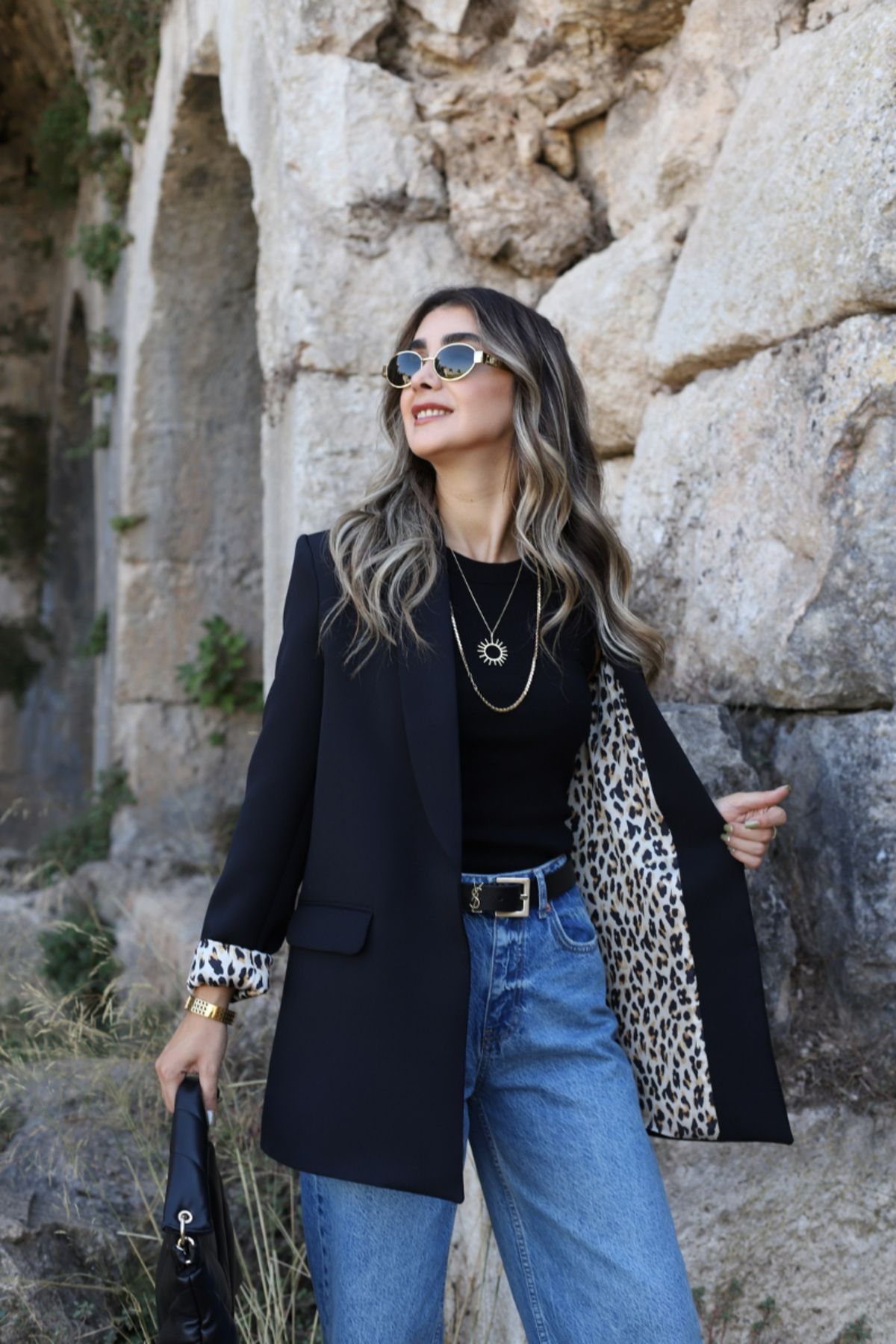 Siyah Leopar Astarlı Şal Yaka Blazer Siyah Leopar Astarlı Şal Yaka Blazer