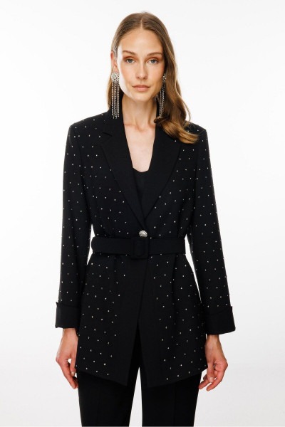 Modailgi  Taş Dizgili Beli Kemerli Atletli Ceket Siyah Modailgi  Taş Dizgili Beli Kemerli Atletli Ceket Siyah