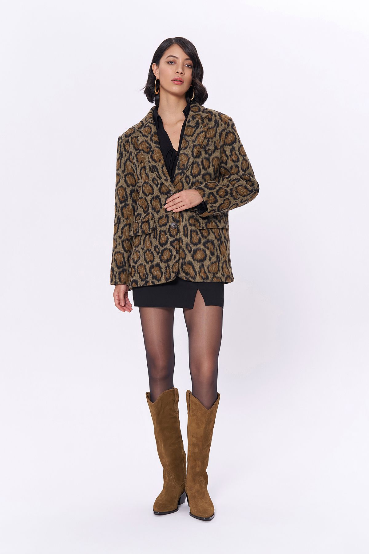 Leopar Desenli Kaşe Blazer Ceket Kahverengi Leopar Desenli Kaşe Blazer Ceket Kahverengi