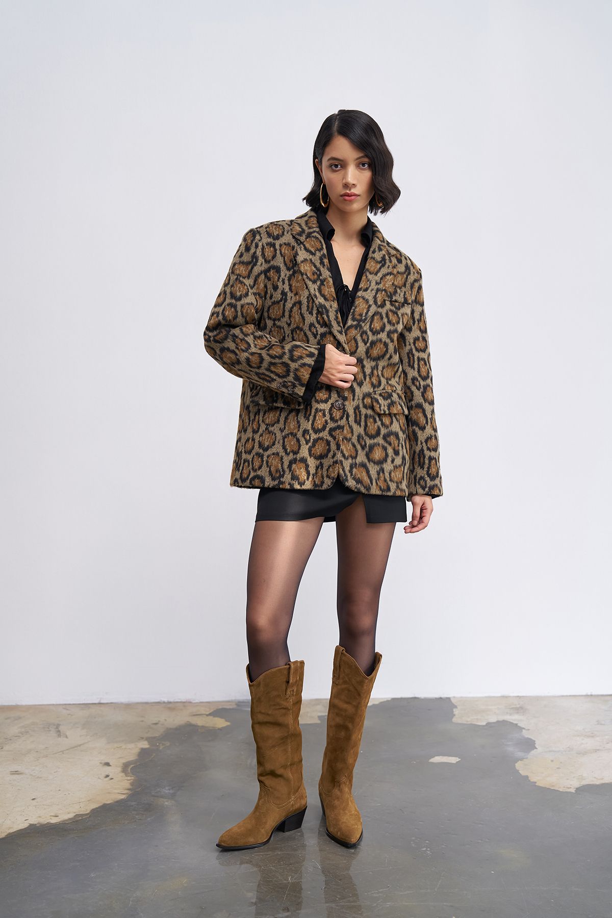 Leopar Desenli Kaşe Blazer Ceket Kahverengi Leopar Desenli Kaşe Blazer Ceket Kahverengi