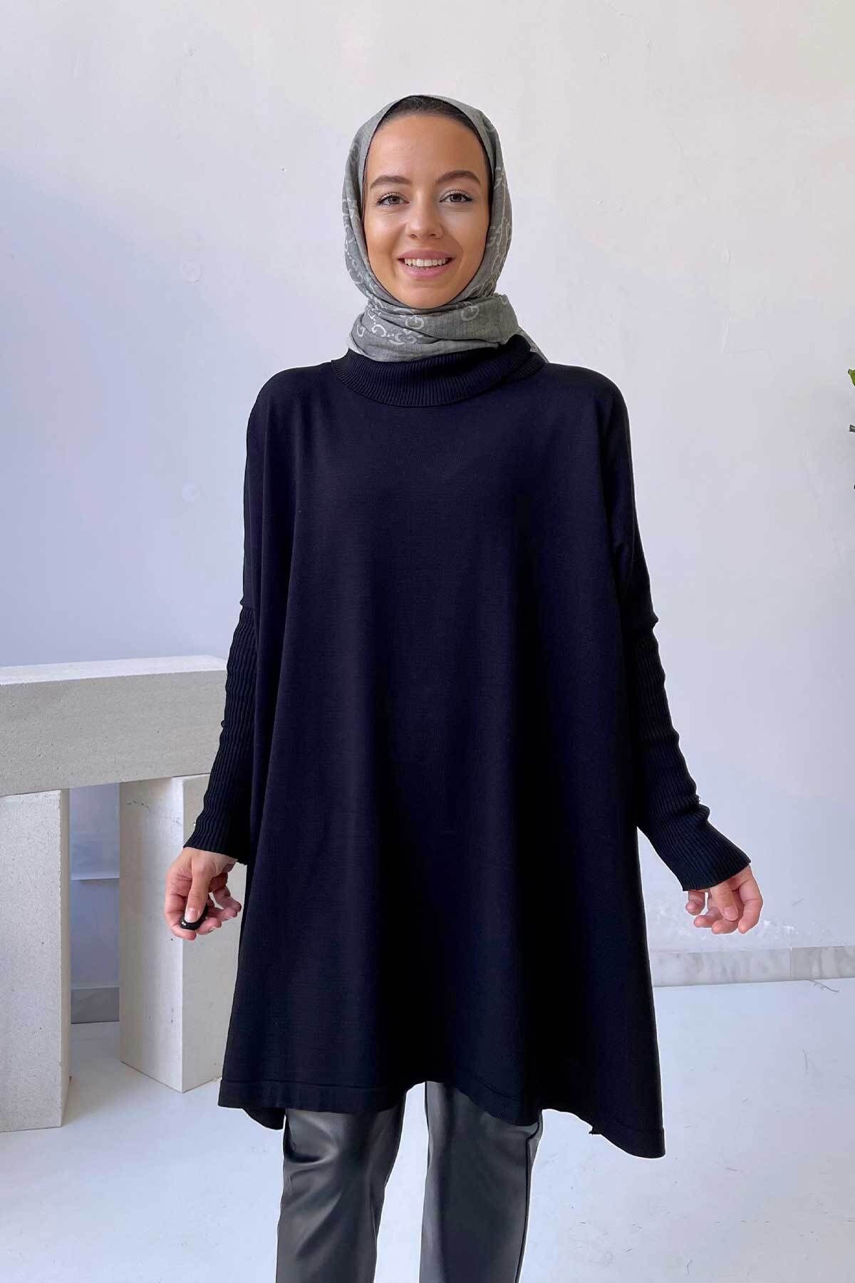 Oversize Merserize Tesettür Tunik - Siyah