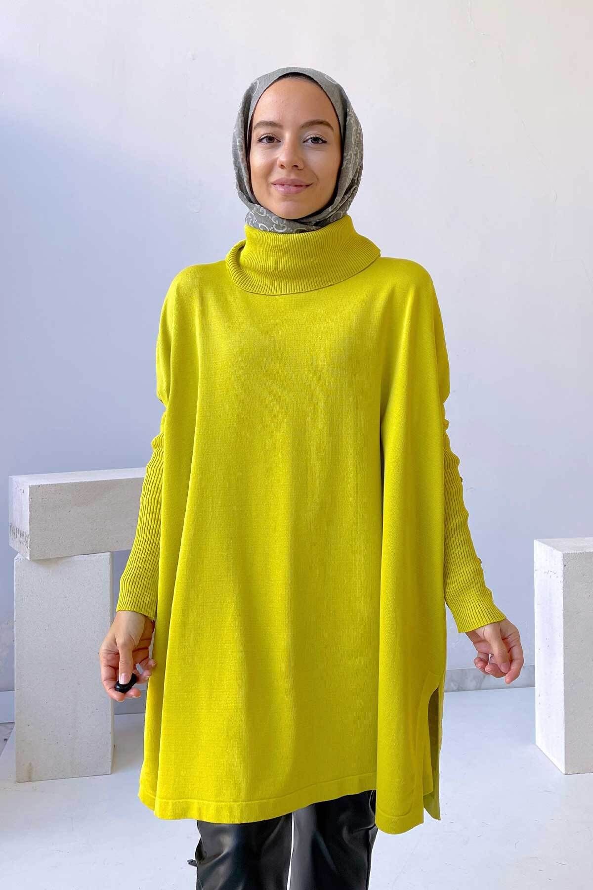 Oversize Merserize Tesettür Tunik - Yağ Yeşili