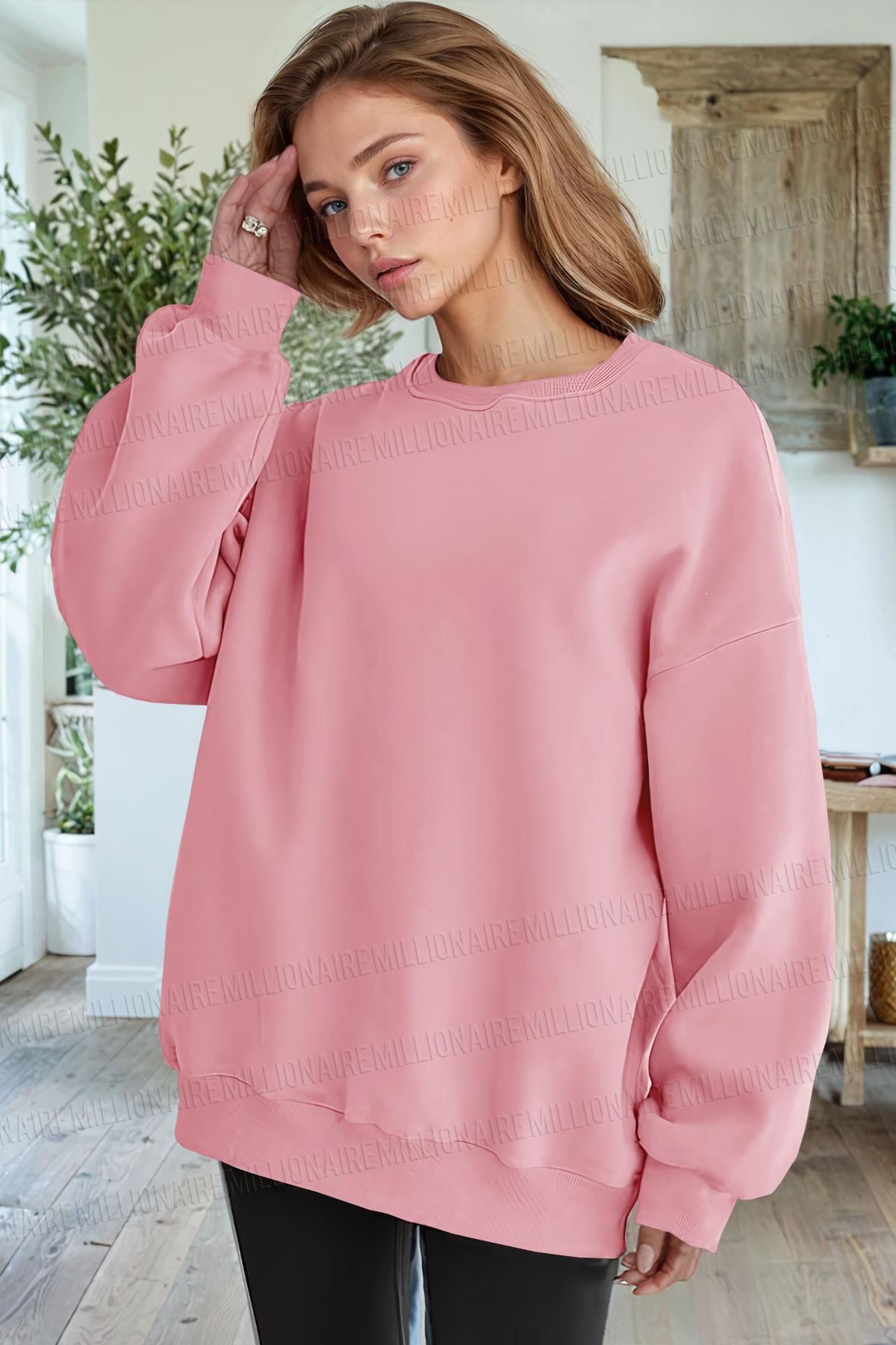 Kadın Pembe Basic 0 Sıfır Yaka Baskısız Düz Oversize Salaş Bol Kesim Polar Sweatshirt