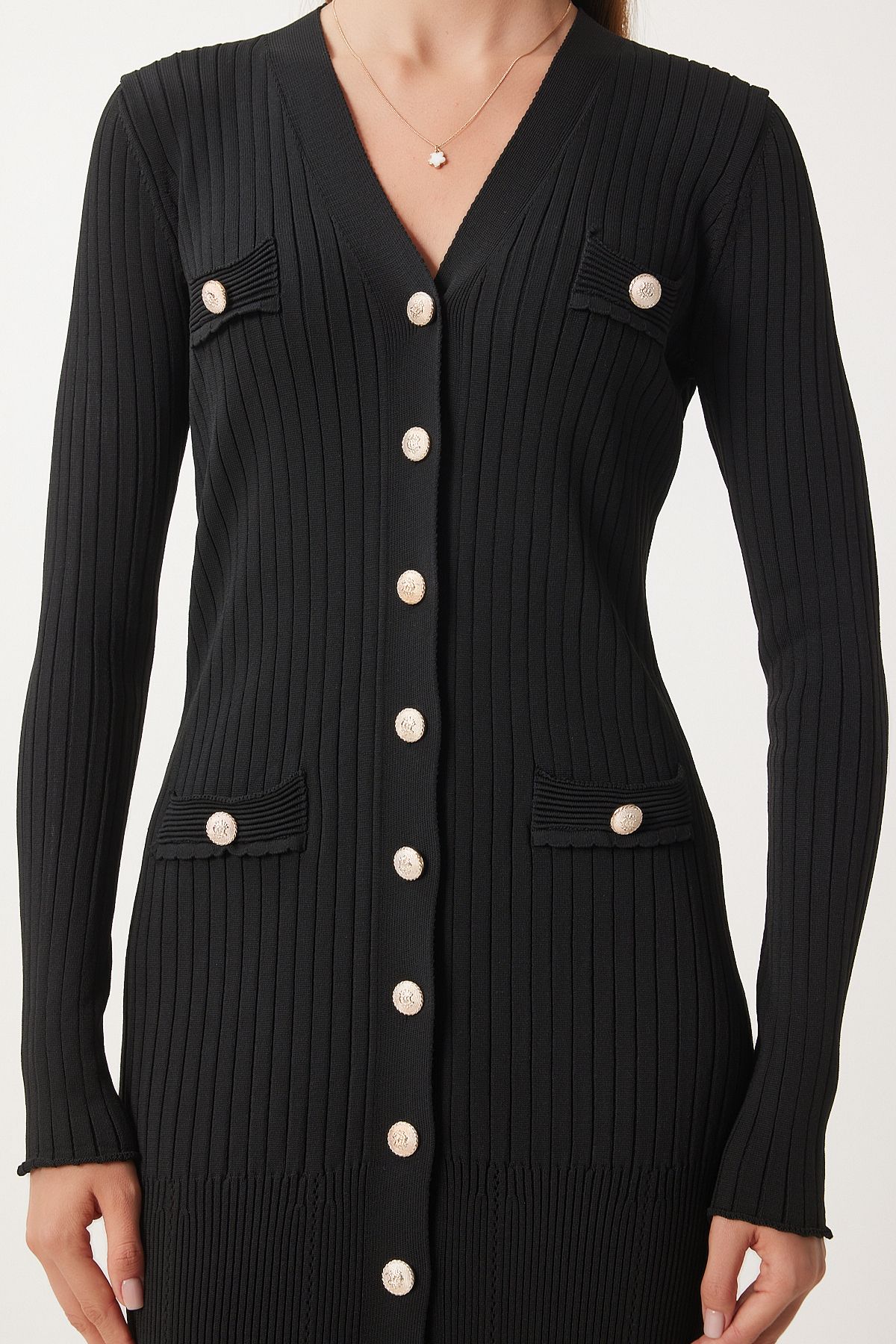 Kadın Siyah Şık Düğmeli Fitilli Triko Elbise FN03379 Kadın Siyah Şık Düğmeli Fitilli Triko Elbise FN03379