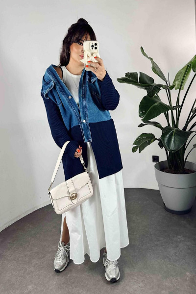 Kalın Örme Denim Detay Uzun Kadın Hırka Lacivert Kalın Örme Denim Detay Uzun Kadın Hırka Lacivert