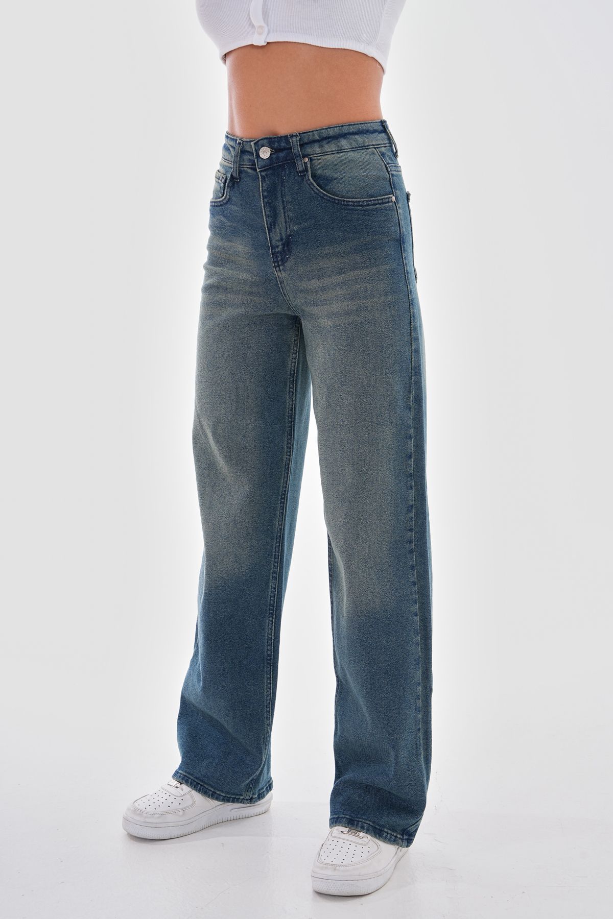 Kadın Yüksek bel Soluk Efektli Vintage Palazzo Jeans Kadın Yüksek bel Soluk Efektli Vintage Palazzo Jeans