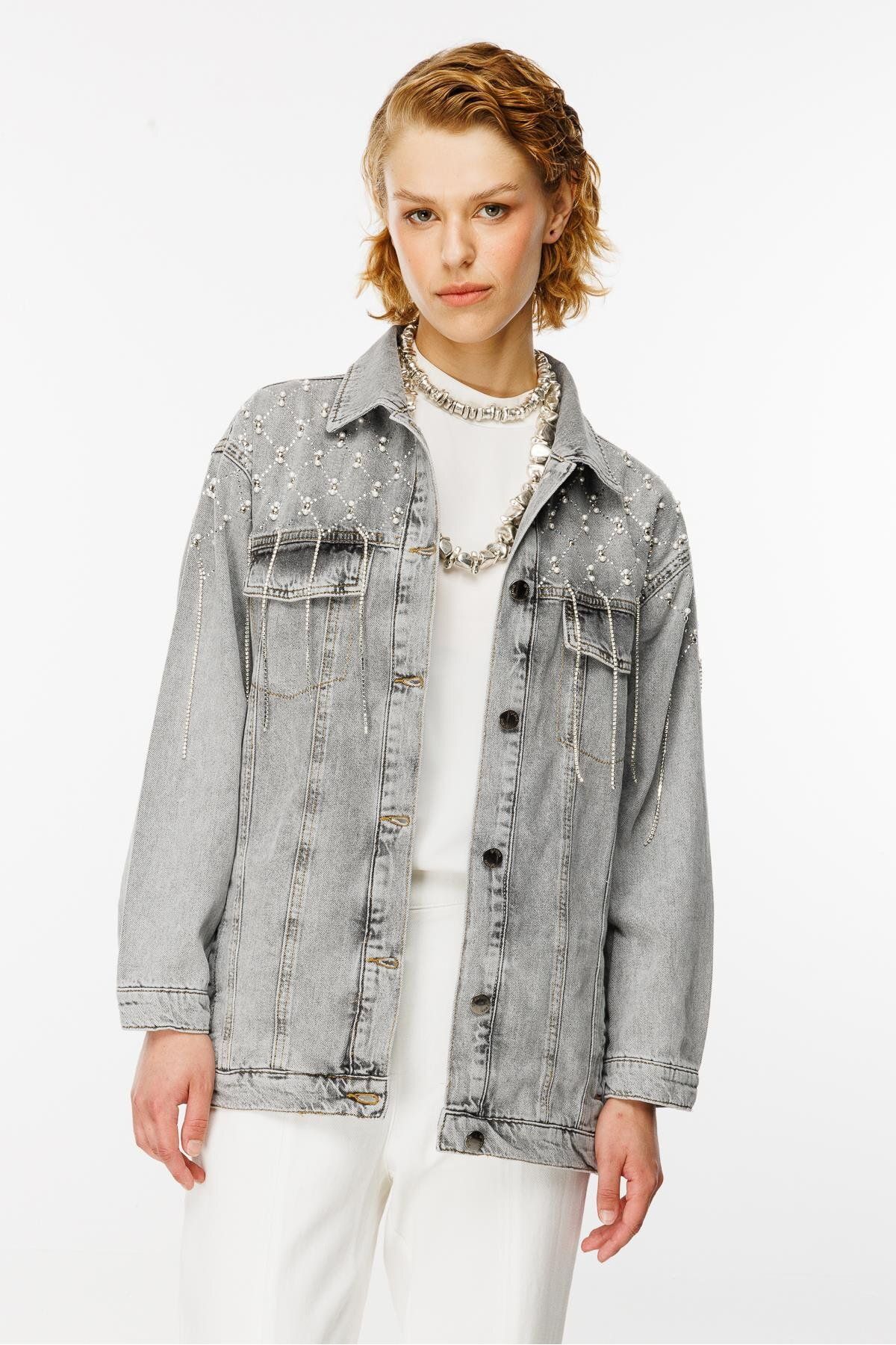 Taş Detaylı Jean Ceket GRİ Taş Detaylı Jean Ceket GRİ