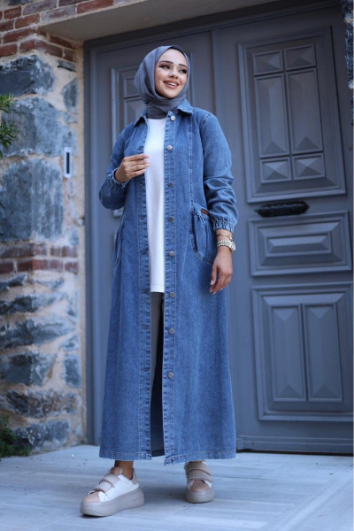 Torba Cepli Metal Düğmeli Uzun Kot Kap Torba Cepli Metal Düğmeli Uzun Kot Kap