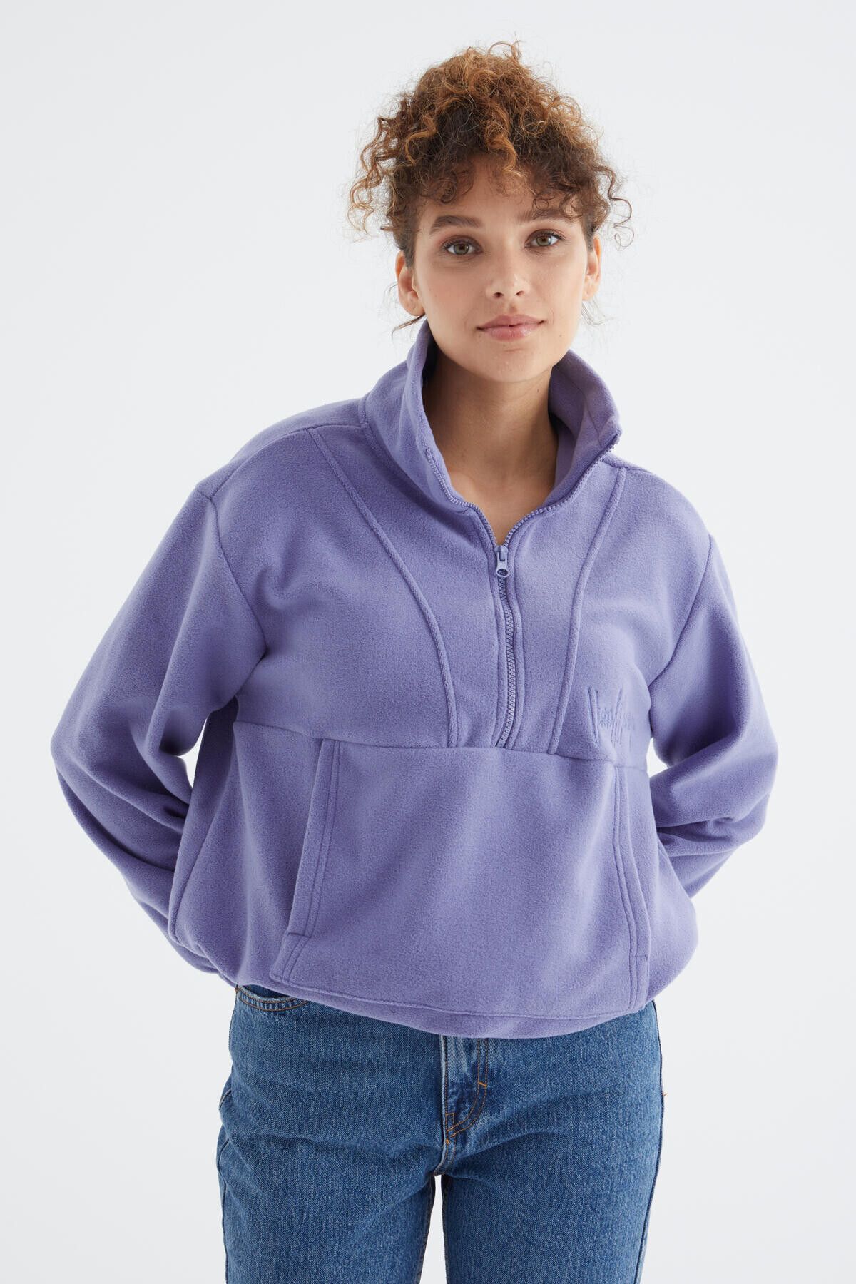 Açık Eflatun Yarım Fermuar Etek Ucu Büzgülü Kadın Polar Oversize Sweatshirt - 97171