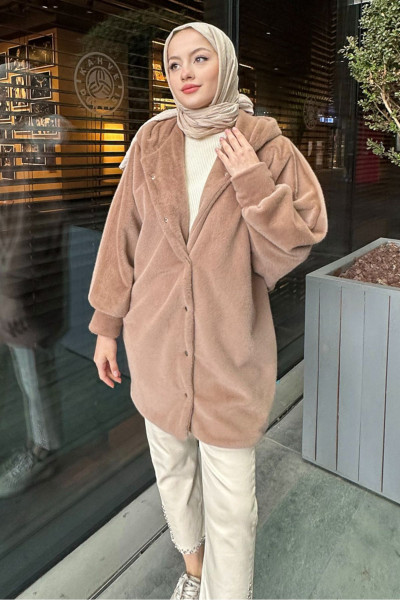 Lavin Kapüşonlu Peluş Mont - Vizon Lavin Kapüşonlu Peluş Mont - Vizon