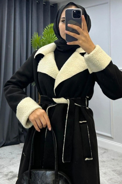 Rima Nubuk kürklü  Kaban Kuşaklı  Siyah Rima Nubuk kürklü  Kaban Kuşaklı  Siyah