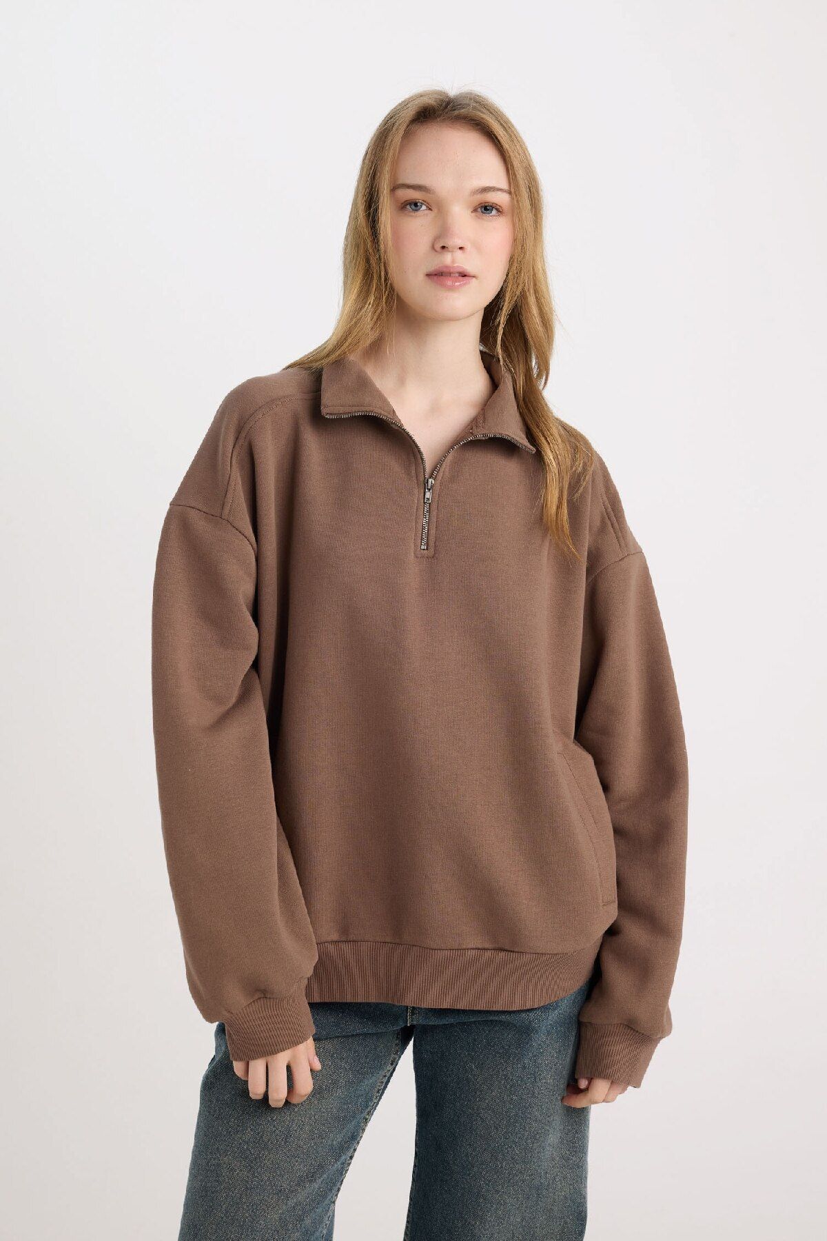 Siyah Oversize Geniş Kalıp Fermuarlı Dik Yaka Cepli Basic Düz Kalın Sweatshirt D7206ax24wn