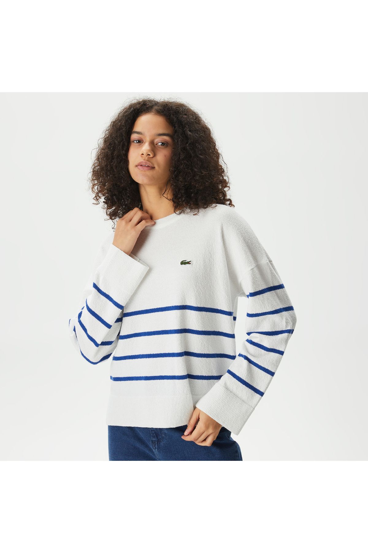 Kadın Relaxed Fit Bisiklet Yaka Çizgili Beyaz Triko Kadın Relaxed Fit Bisiklet Yaka Çizgili Beyaz Triko