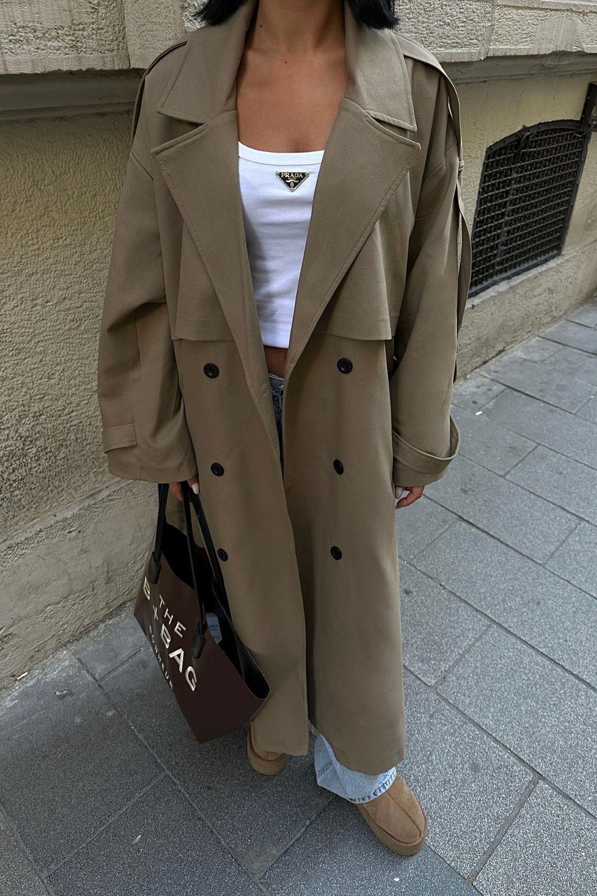 Oversize Premium Uzun Camel Kadın Trençkot