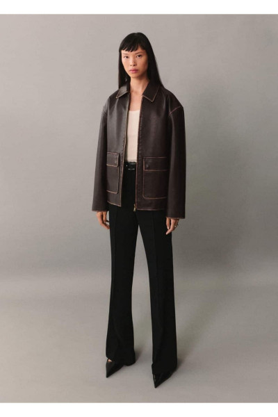 Kontrast dikişli deri görünümlü ceket Kontrast dikişli deri görünümlü ceket