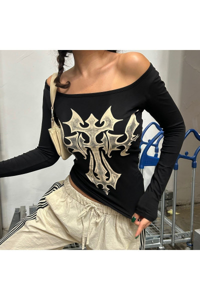 Siyah Gothic Cross Omuz Açık Uzun Kollu Crop Siyah Gothic Cross Omuz Açık Uzun Kollu Crop