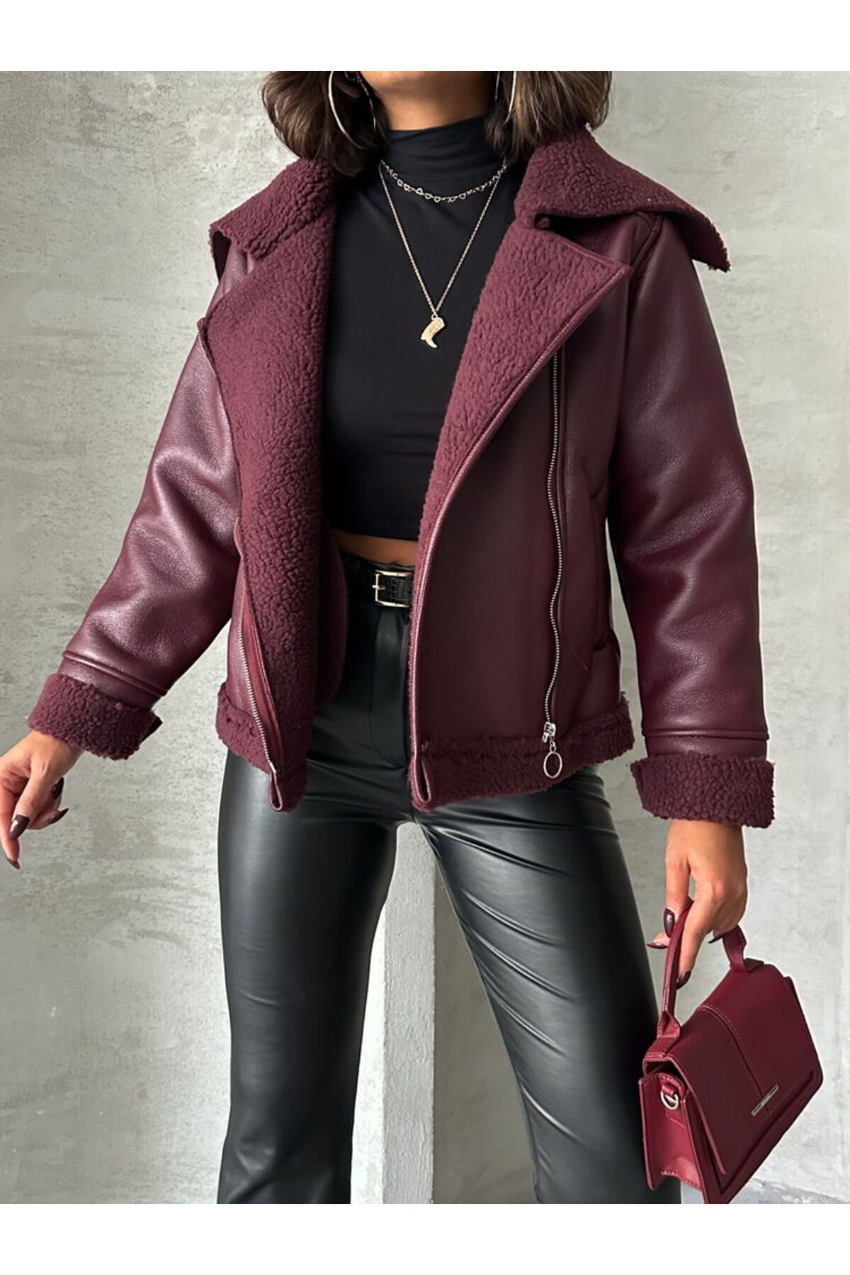 Bordo Fermuarlı Deri Biker Mont