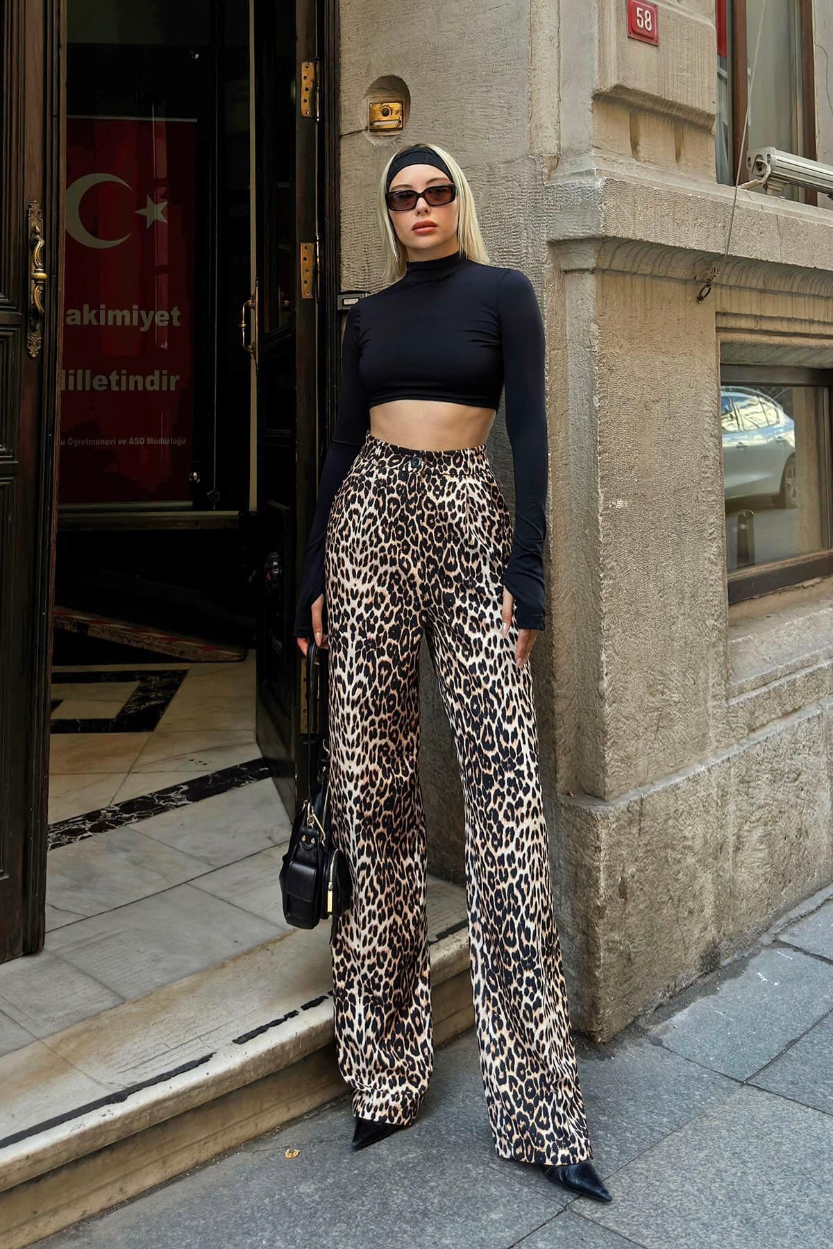 Sarı Pix Leopar Desenli Cepli Pileli Yüksek Bel Kadın Palazzo Pantolon Sarı Pix Leopar Desenli Cepli Pileli Yüksek Bel Kadın Palazzo Pantolon