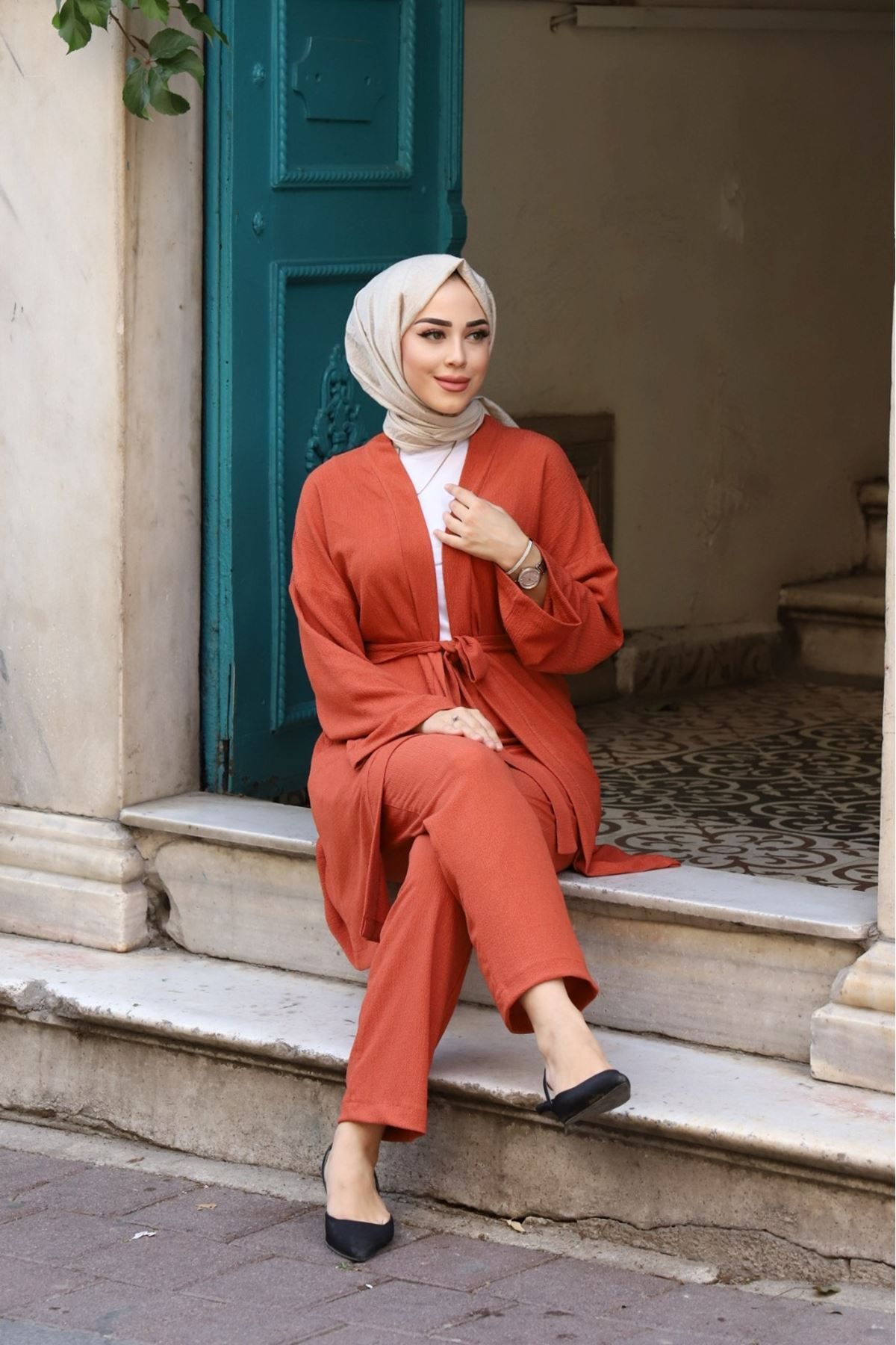 Kuşaklı Detaylı Tesettür Kimono Takım Kuşaklı Detaylı Tesettür Kimono Takım