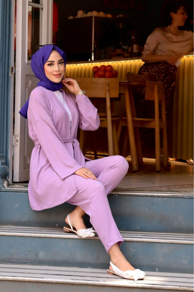 Kuşaklı Detaylı Tesettür Kimono Takım Kuşaklı Detaylı Tesettür Kimono Takım