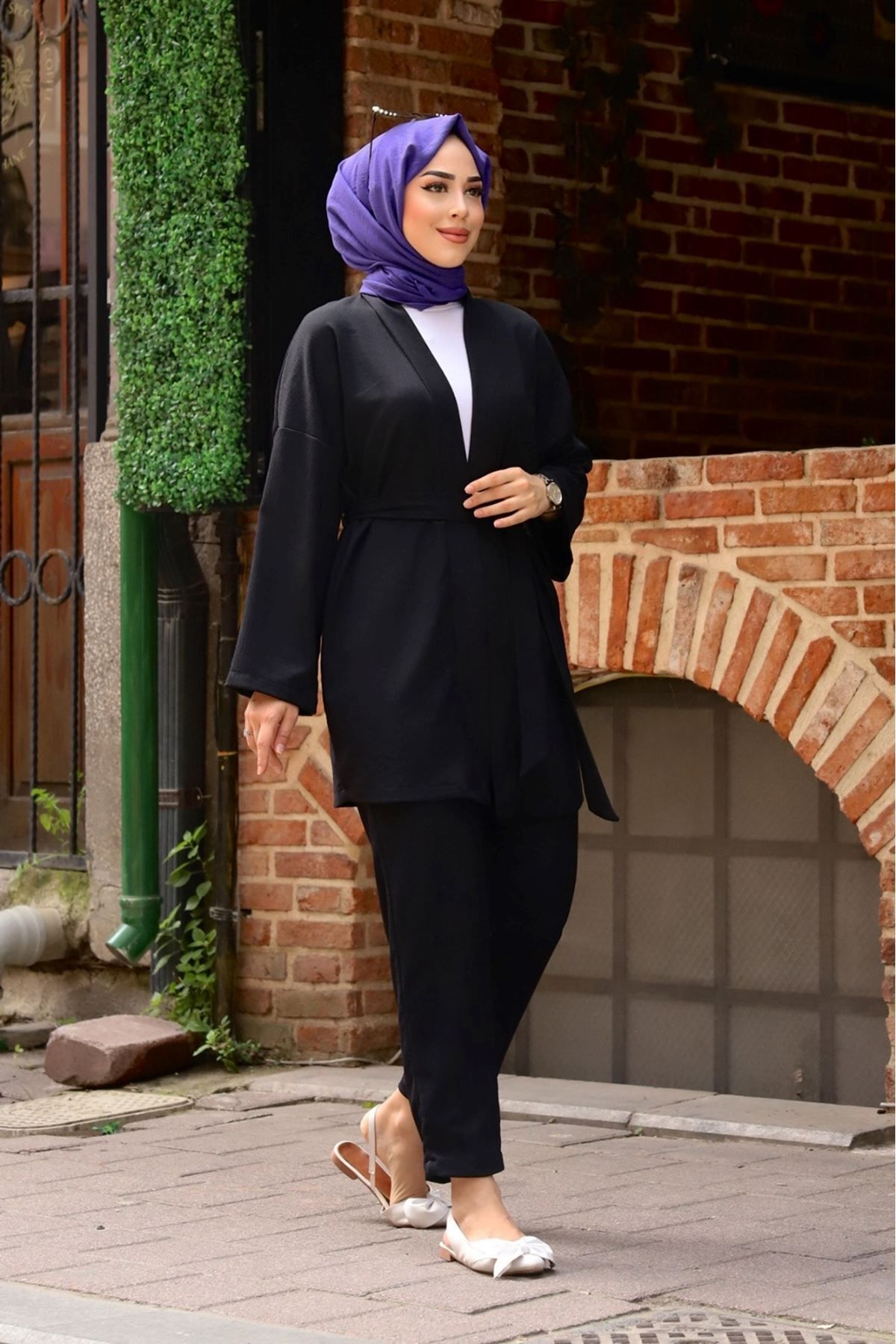 Kuşaklı Detaylı Tesettür Kimono Takım Kuşaklı Detaylı Tesettür Kimono Takım