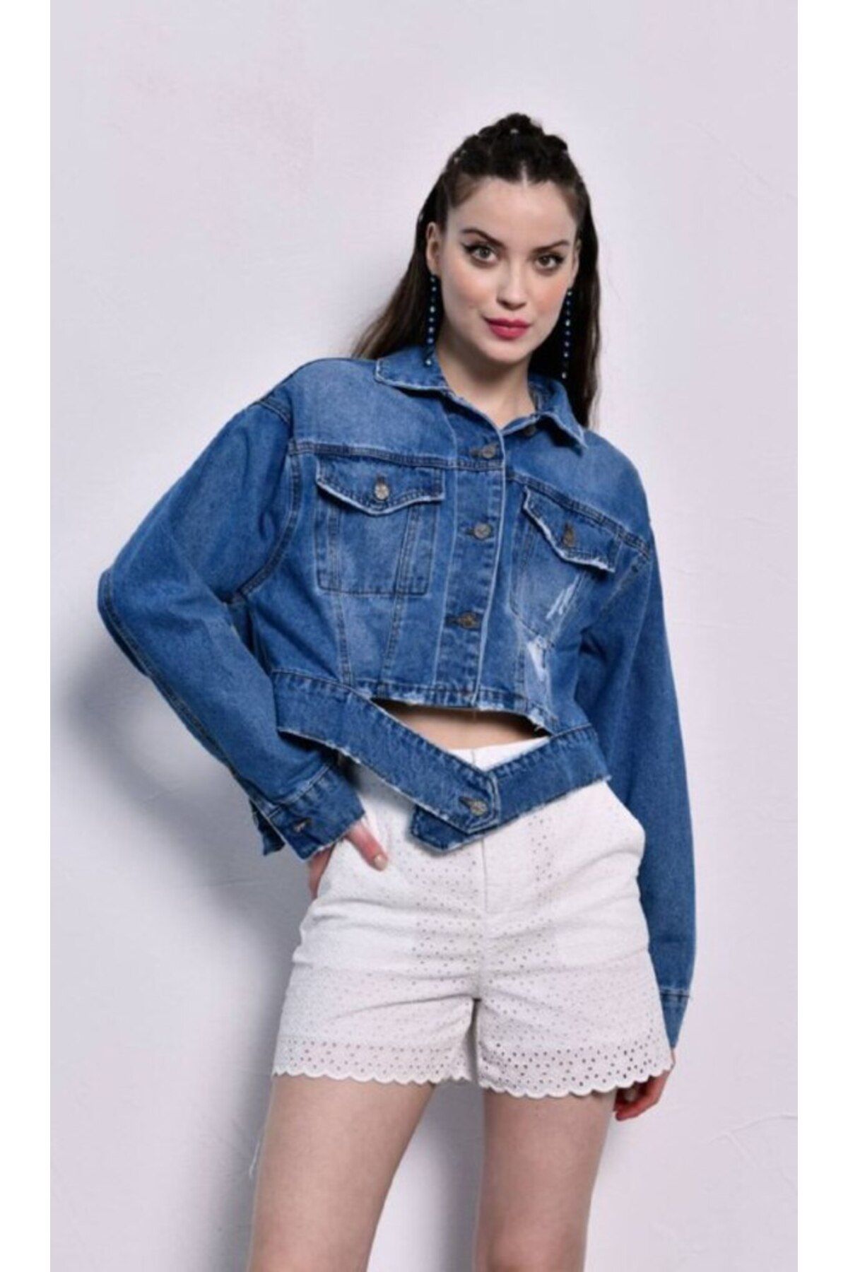 Duke Kemerli Yıpratmalı Denim Crop Kot Ceket