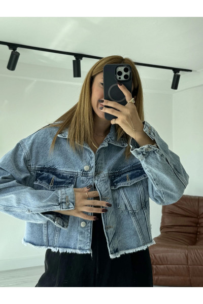 Mavi Püsküllü Çift Cep Denim Ceket Mavi Püsküllü Çift Cep Denim Ceket