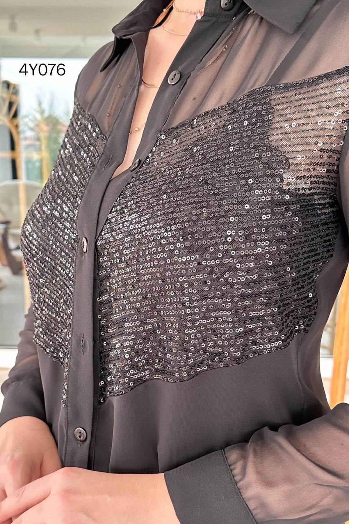 Multi Şifon Pul Payet Gömlek 4Y076 Multi Şifon Pul Payet Gömlek 4Y076