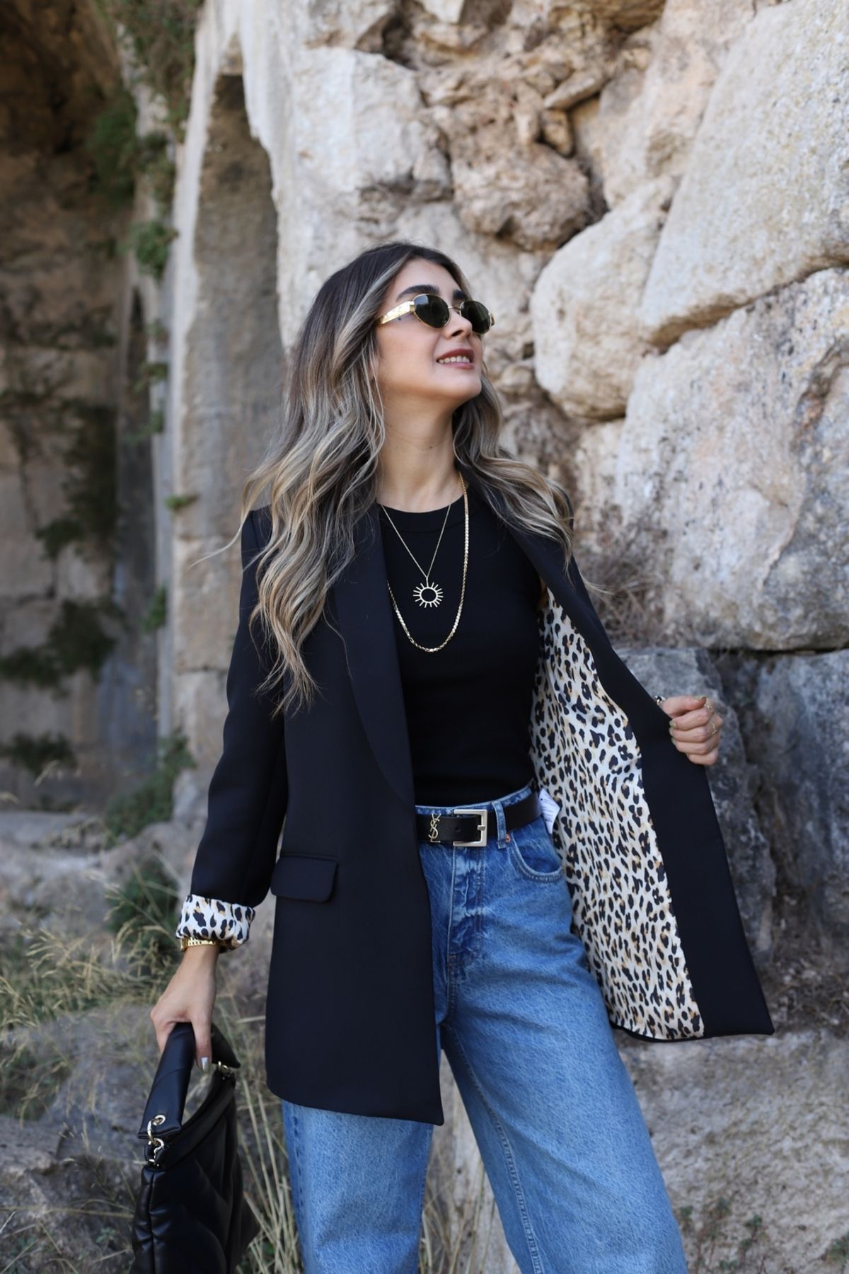 Siyah Leopar Astarlı Şal Yaka Blazer Siyah Leopar Astarlı Şal Yaka Blazer