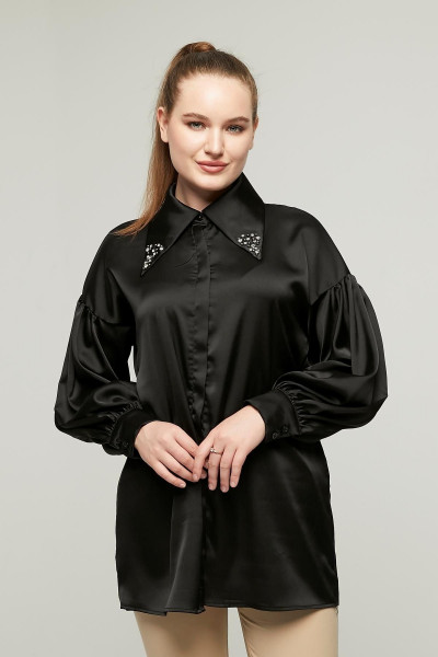 Kadın Yakası Taşlı Saten Gömlek SİYAH Kadın Yakası Taşlı Saten Gömlek SİYAH