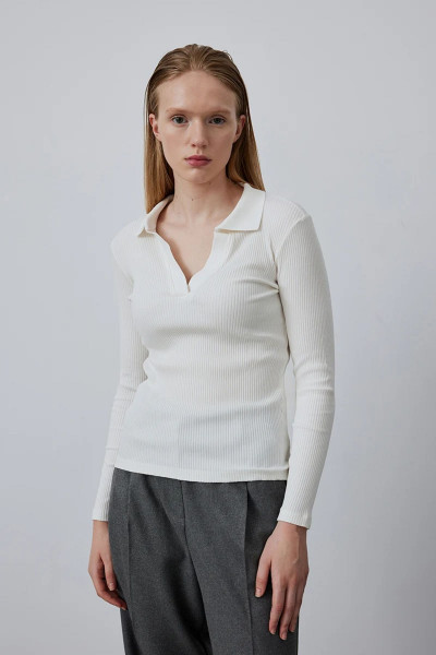 Yakalı Pamuk Örme Bluz - Ekru Yakalı Pamuk Örme Bluz - Ekru