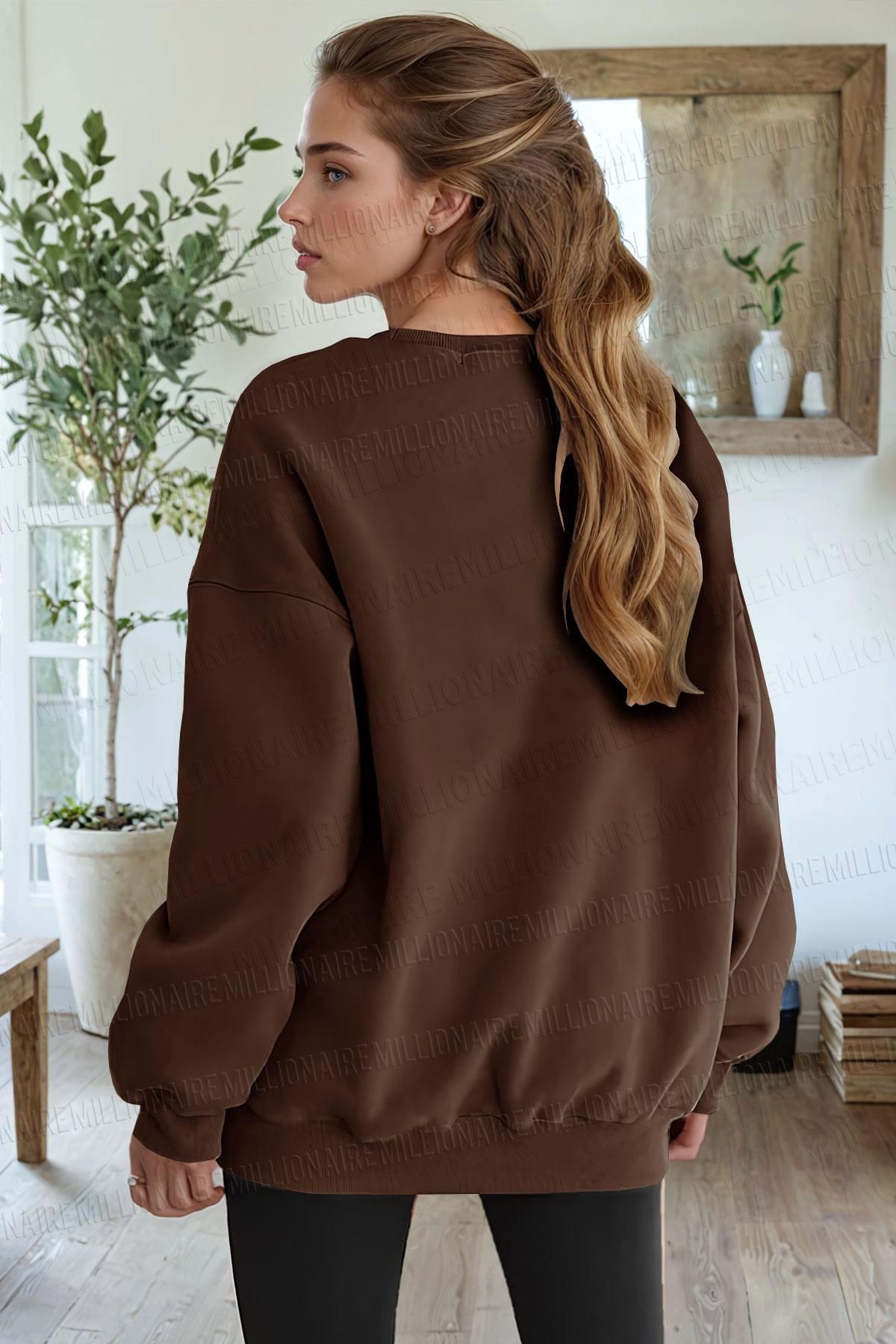 Kadın Kahverengi Dreamer Baskılı 0 Sıfır Yaka Oversize Salaş Bol Kesim Polar Sweatshirt