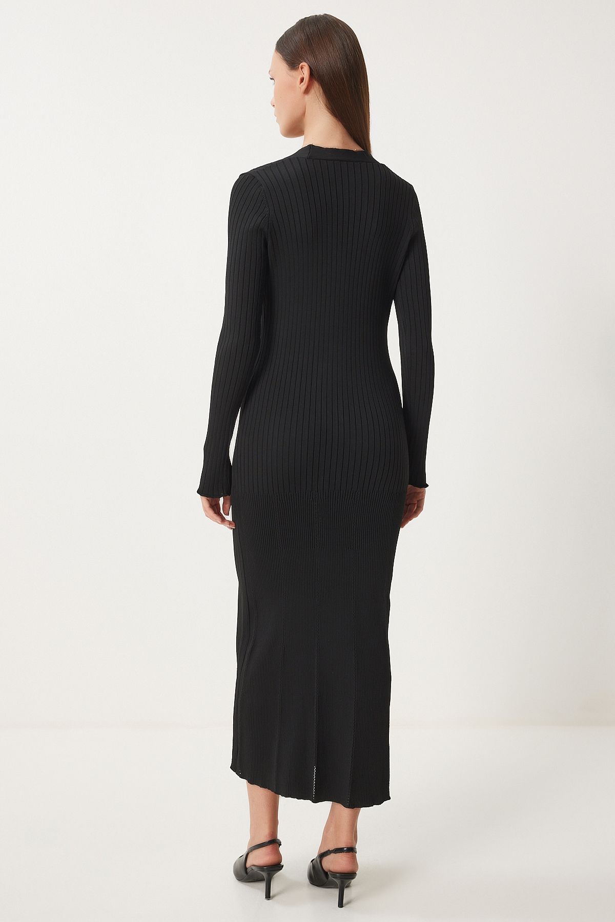 Kadın Siyah Şık Düğmeli Fitilli Triko Elbise FN03379 Kadın Siyah Şık Düğmeli Fitilli Triko Elbise FN03379