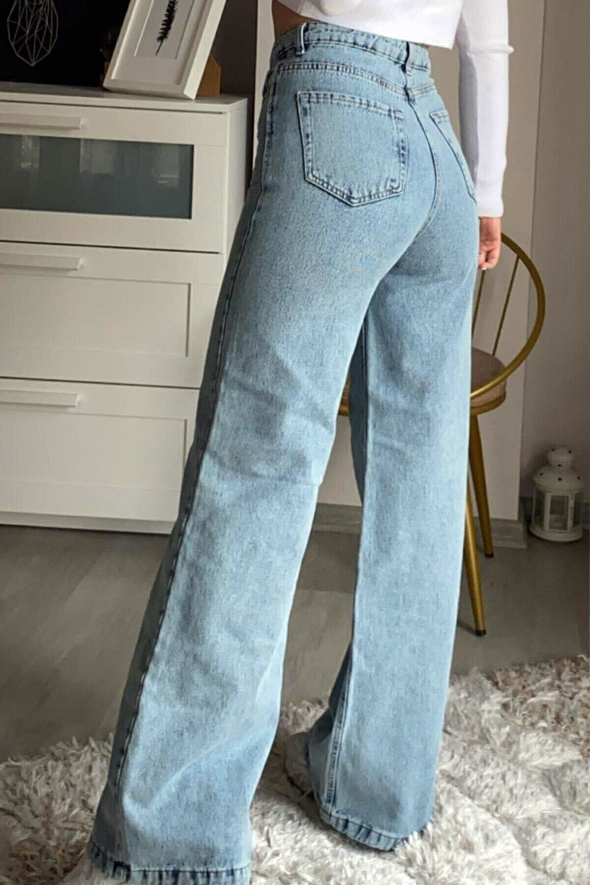 Kadın Pantolon Plazzo Wide Leg Kar Yıkamalı Yüksek Bel Geniş Paça Likralı BoyFriend Jean Kot