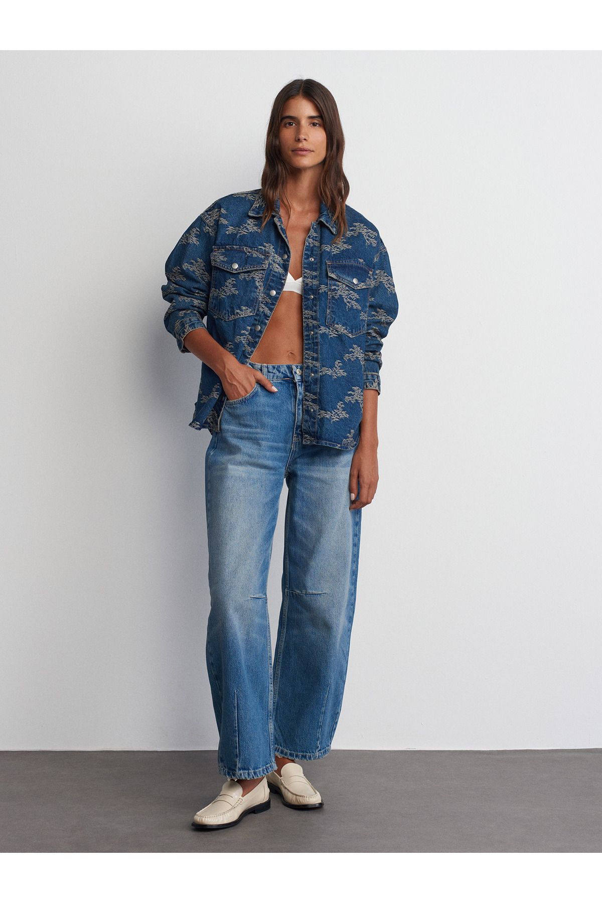 50739 Jakarlı Oversize Denim Gömlek-Tint