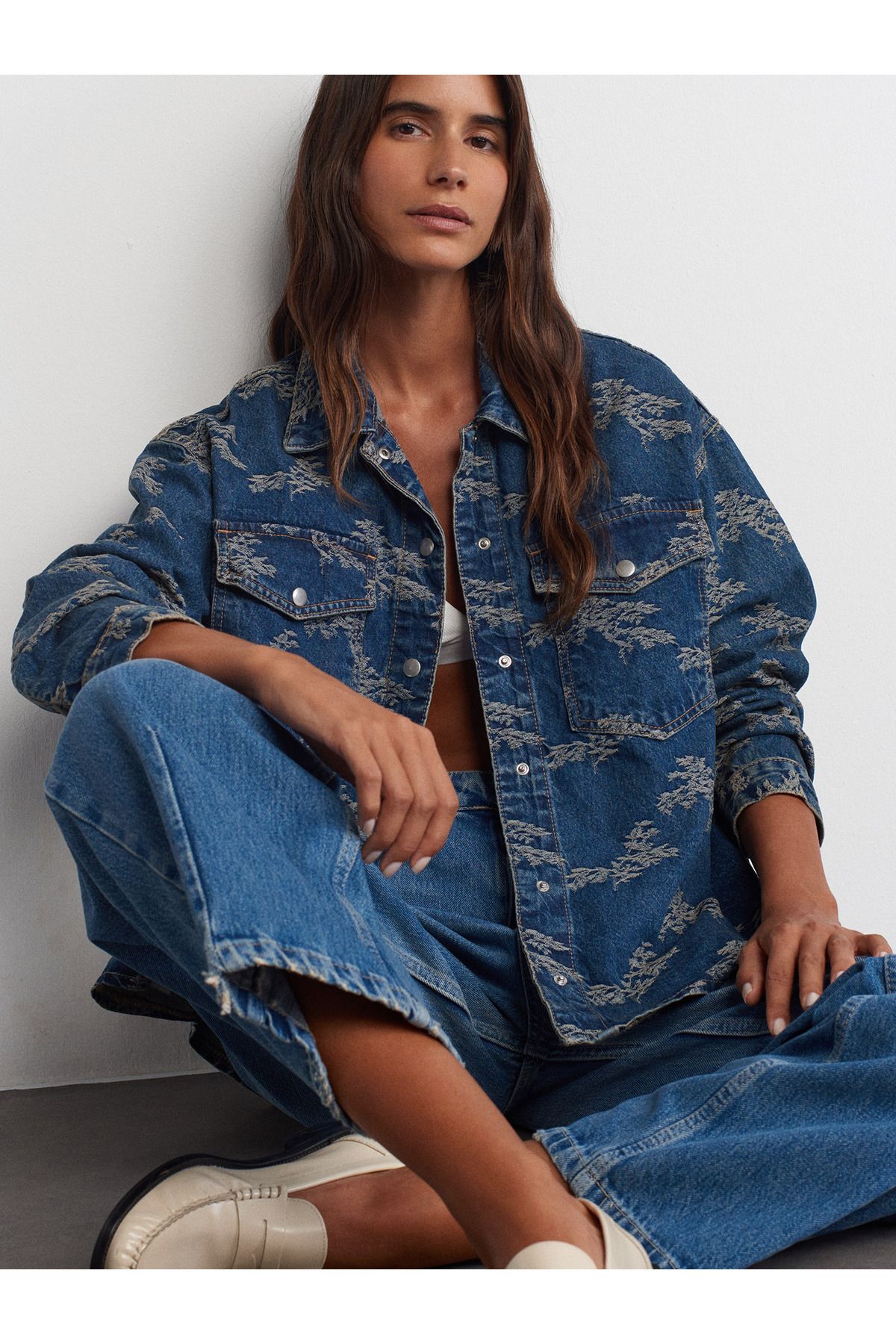 50739 Jakarlı Oversize Denim Gömlek-Tint