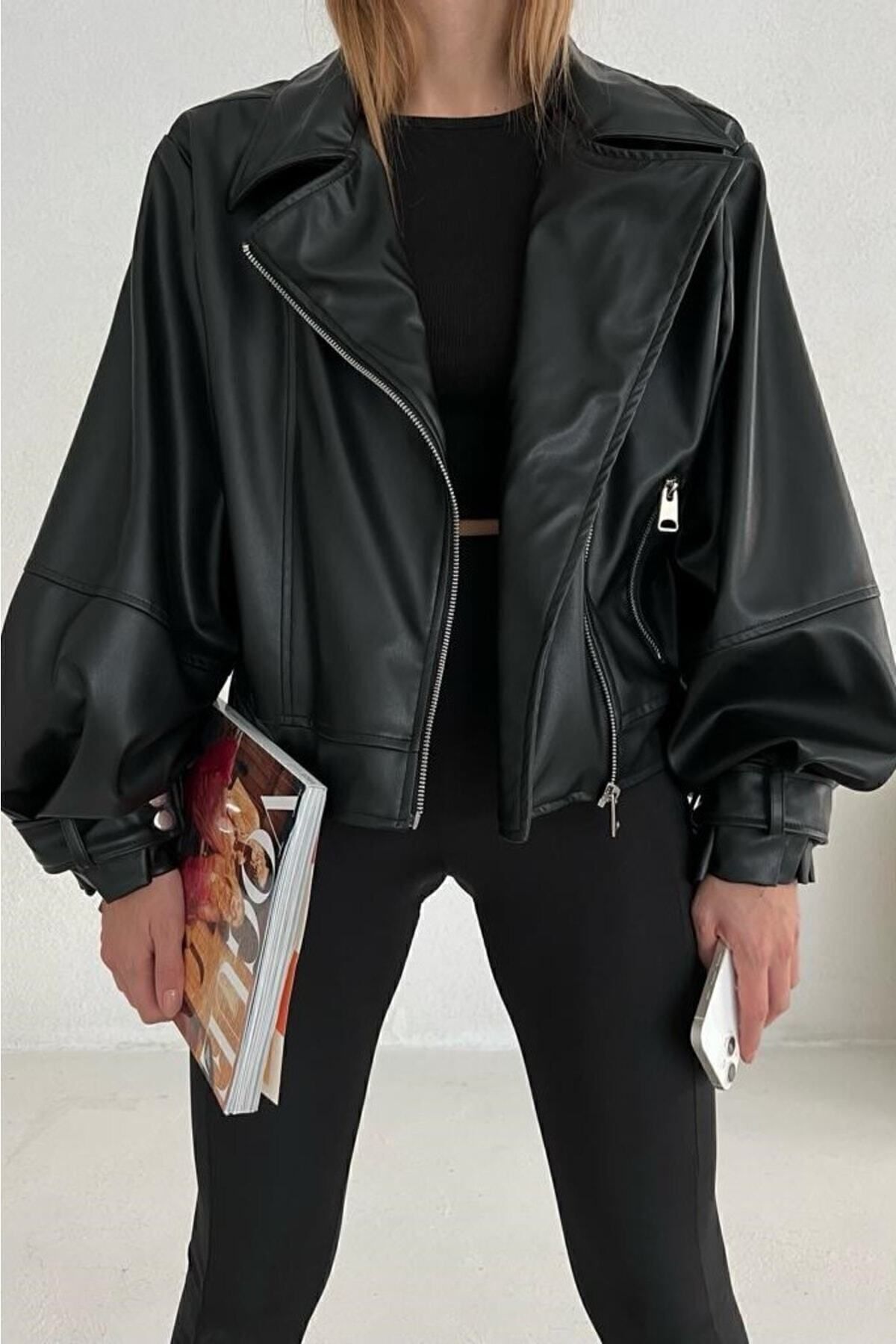 Kadın Siyah Oversize Deri Premium Ceket Kadın Siyah Oversize Deri Premium Ceket