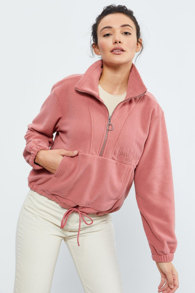 Yaban Gülü Yarım Fermuar Etek Ucu Büzgülü Kadın Polar Oversize Sweatshirt - 97171 Yaban Gülü Yarım Fermuar Etek Ucu Büzgülü Kadın Polar Oversize Sweatshirt - 97171