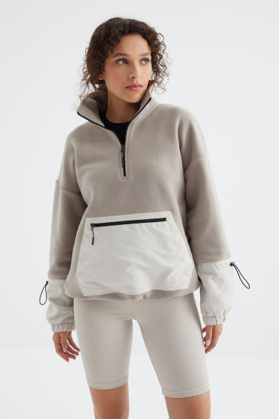 Koyu Bej Etek Ucu Büzgülü Yarım Fermuarlı Oversize Kadın Polar Sweatshirt - 97238 Koyu Bej Etek Ucu Büzgülü Yarım Fermuarlı Oversize Kadın Polar Sweatshirt - 97238