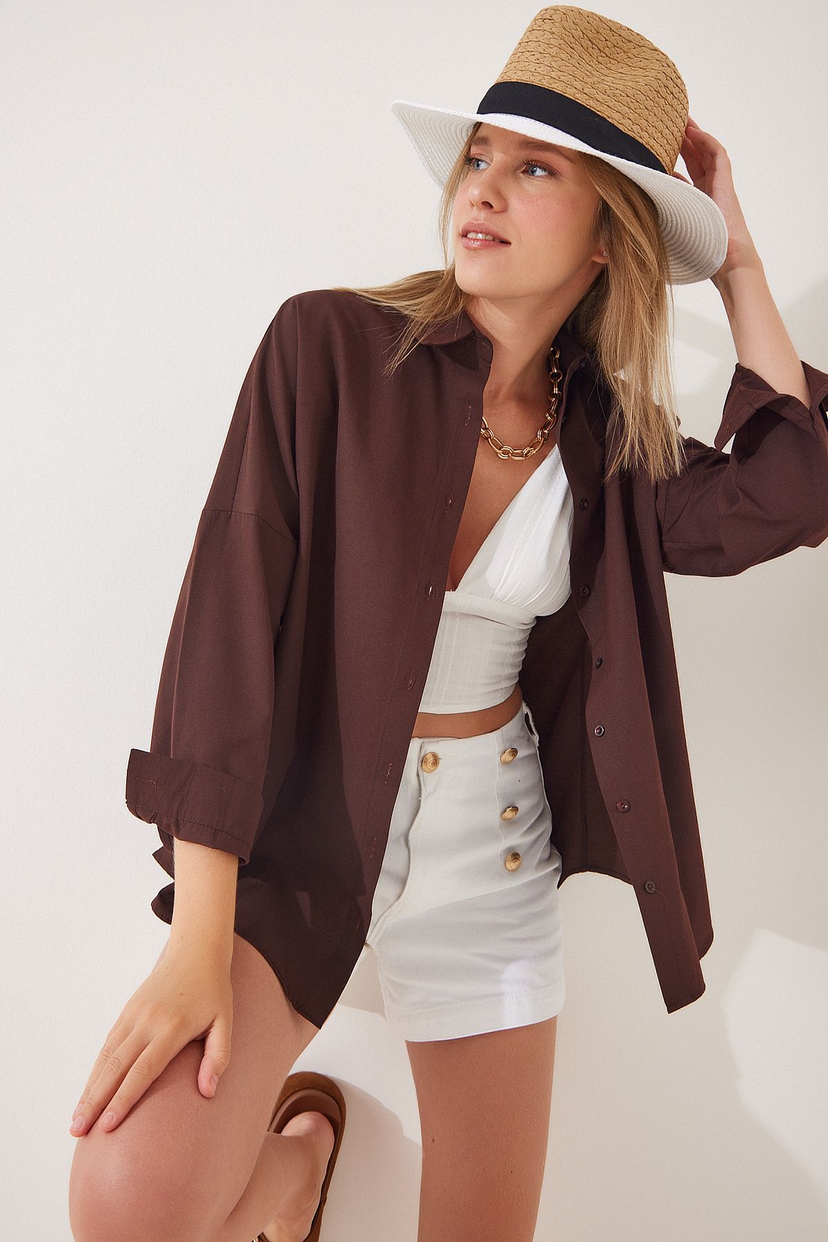 Oversize Basic Gömlek KAHVERENGİ LDD0003 Oversize Basic Gömlek KAHVERENGİ LDD0003