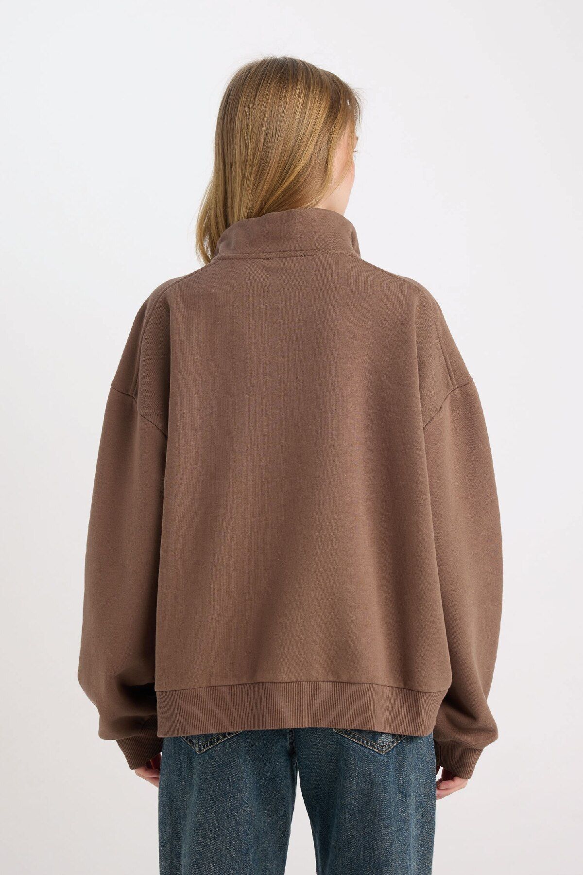 Siyah Oversize Geniş Kalıp Fermuarlı Dik Yaka Cepli Basic Düz Kalın Sweatshirt D7206ax24wn