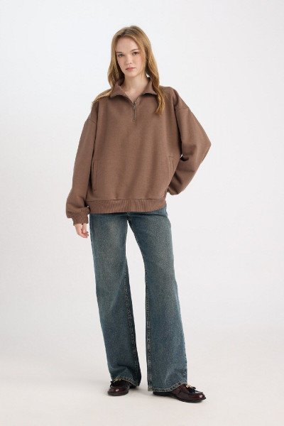 Siyah Oversize Geniş Kalıp Fermuarlı Dik Yaka Cepli Basic Düz Kalın Sweatshirt D7206ax24wn Siyah Oversize Geniş Kalıp Fermuarlı Dik Yaka Cepli Basic Düz Kalın Sweatshirt D7206ax24wn