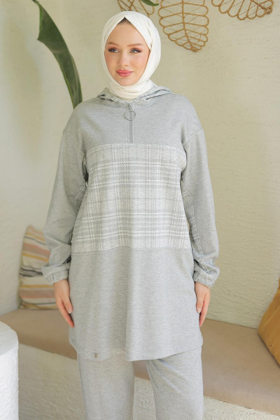 Trend Yarım Fermuarlı Kapüşonlu Pantolonlu İkili Takım 24KT619 Trend Yarım Fermuarlı Kapüşonlu Pantolonlu İkili Takım 24KT619