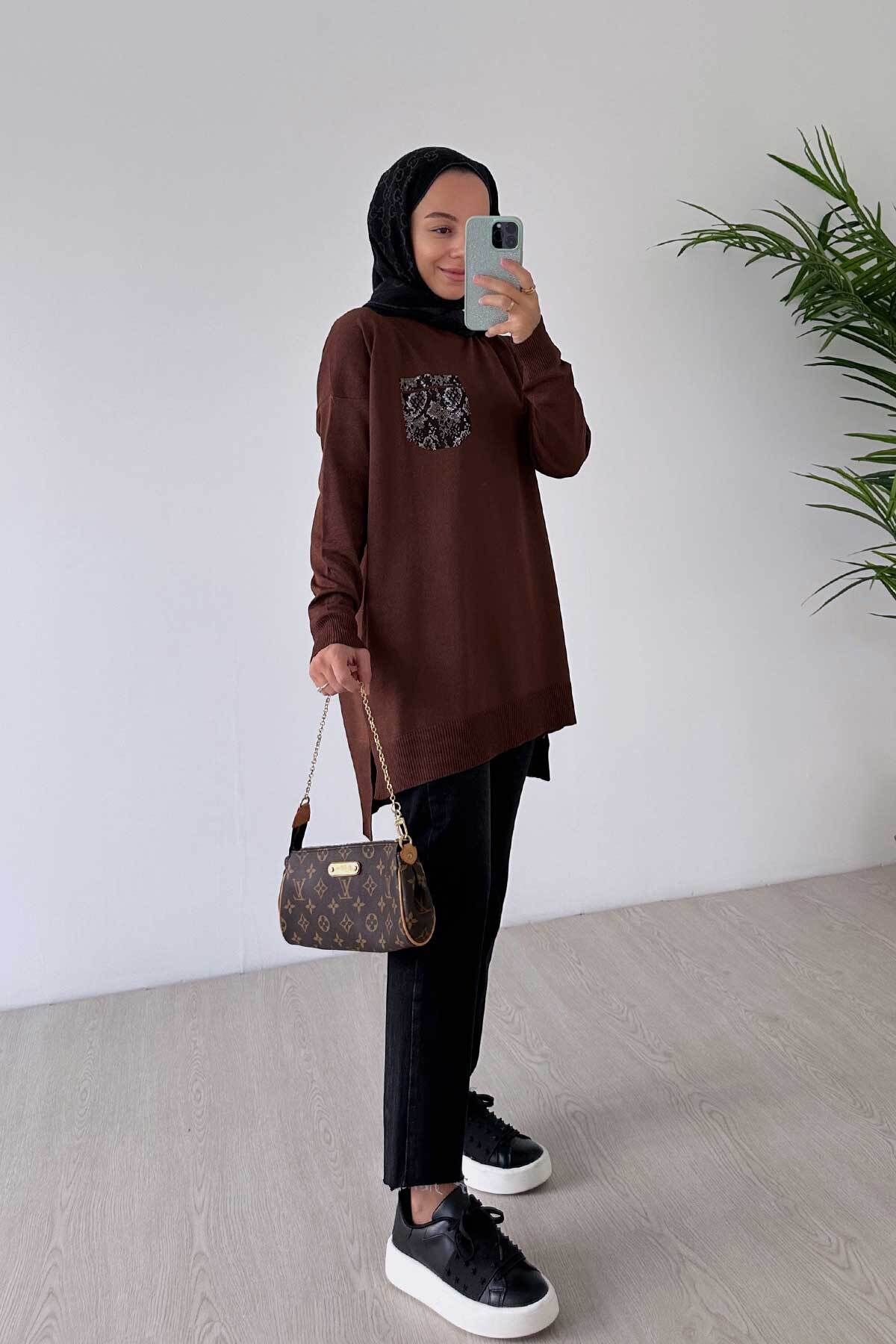 Taşlı Cep Merserize Tesettür Tunik - Kahverengi Taşlı Cep Merserize Tesettür Tunik - Kahverengi